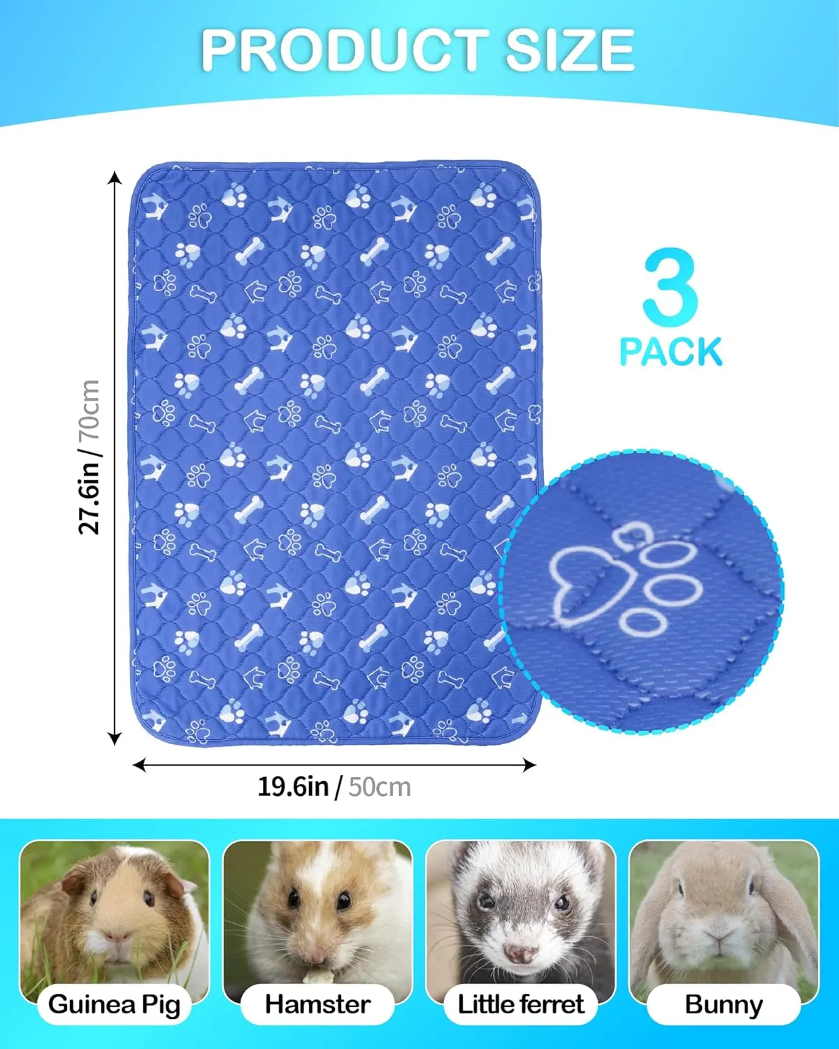 3 Pack 28 x 20 Blue Guinea Pig Cage Liners,Washable Guinea Pig Pee Pads,Guinea Pig Bedding for Rabbits Ferret Hamster Chinchilla Bunny Small Animals