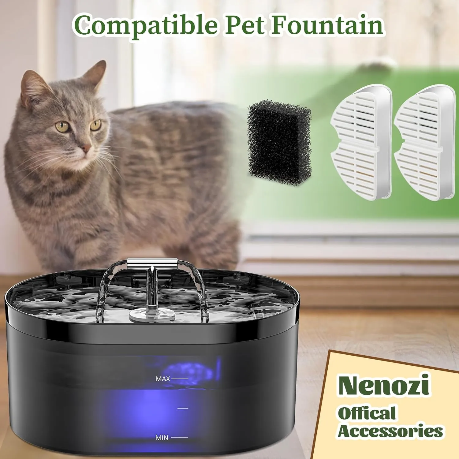 6 Pack Replacement Filters & 6 Pack Replacement Pre-Filter Sponges for 2.2L/74oz Automatic Pet Water Fountain Stainless Steel Cat Water Fountain Replacement Cat Drinking Fountain Filters white