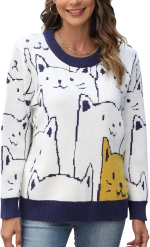 Arssm Womens Cat Sweaters 2024 Long Sleeve Oversized Cute Kawaii Cartoon Crewneck Pullover Knit Sweater Top