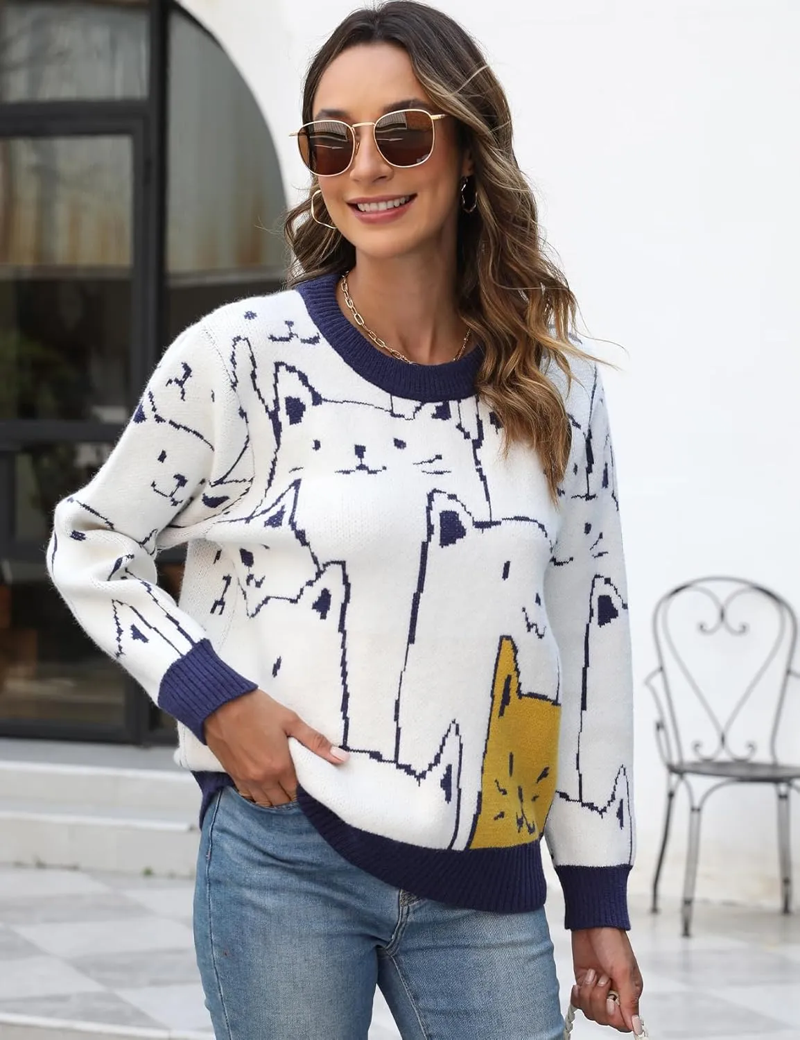 Arssm Womens Cat Sweaters 2024 Long Sleeve Oversized Cute Kawaii Cartoon Crewneck Pullover Knit Sweater Top