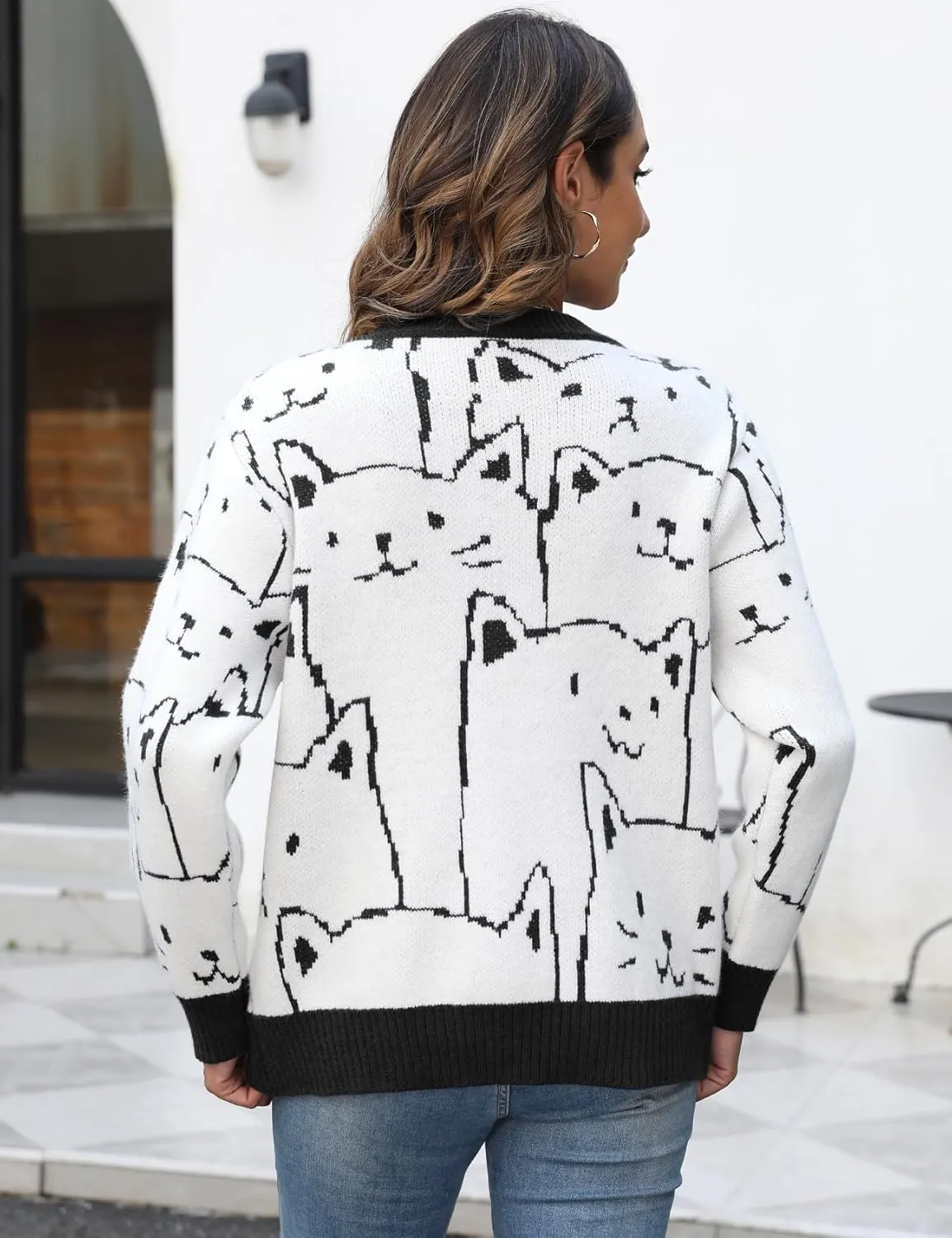 Arssm Womens Cat Sweaters 2024 Long Sleeve Oversized Cute Kawaii Cartoon Crewneck Pullover Knit Sweater Top
