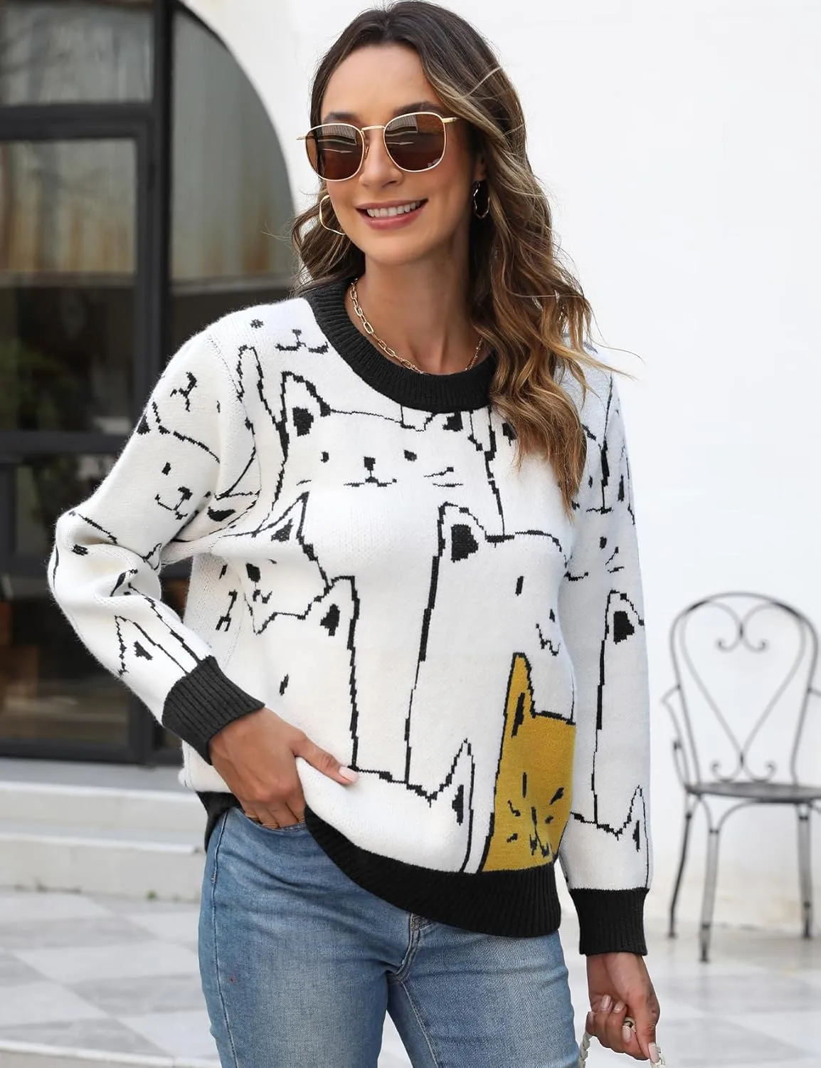 Arssm Womens Cat Sweaters 2024 Long Sleeve Oversized Cute Kawaii Cartoon Crewneck Pullover Knit Sweater Top