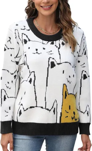 Arssm Womens Cat Sweaters 2024 Long Sleeve Oversized Cute Kawaii Cartoon Crewneck Pullover Knit Sweater Top