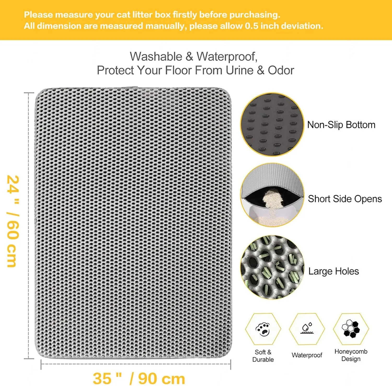 Cat Litter Mat Litter Trapping Mat, 24X35In/26X46In Double Layer Easy Clean Cat Litter Trap Mats Litter Box Rug, Less Waste,Soft On Paws,Non-Slip,24X35In-Gray