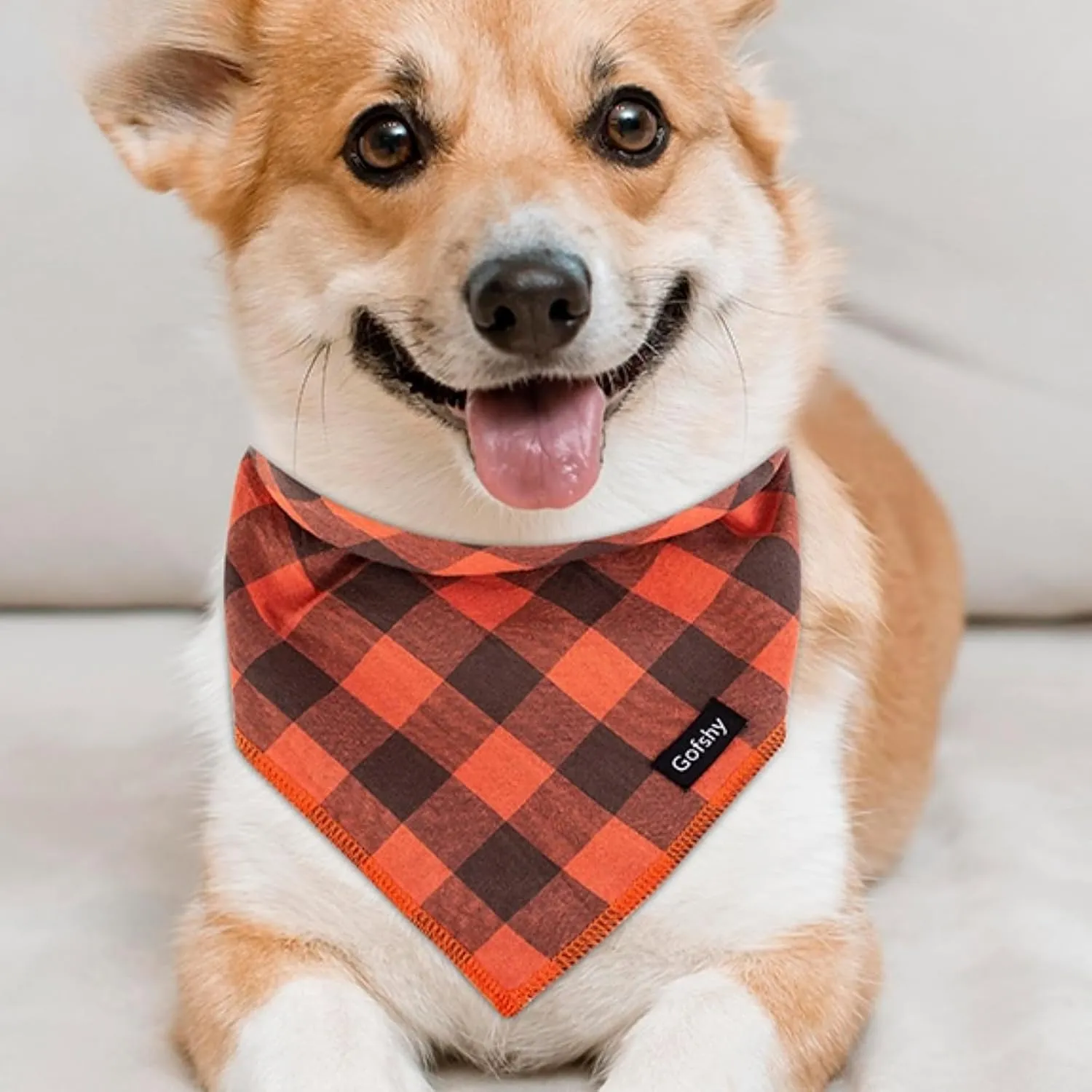 Dog Bandana Fall Small-Orange Brown Dog Scarf Buffalo Plaid Printing Adjustable Bib Handkerchief Accessories for Small Dogs Cats (S)