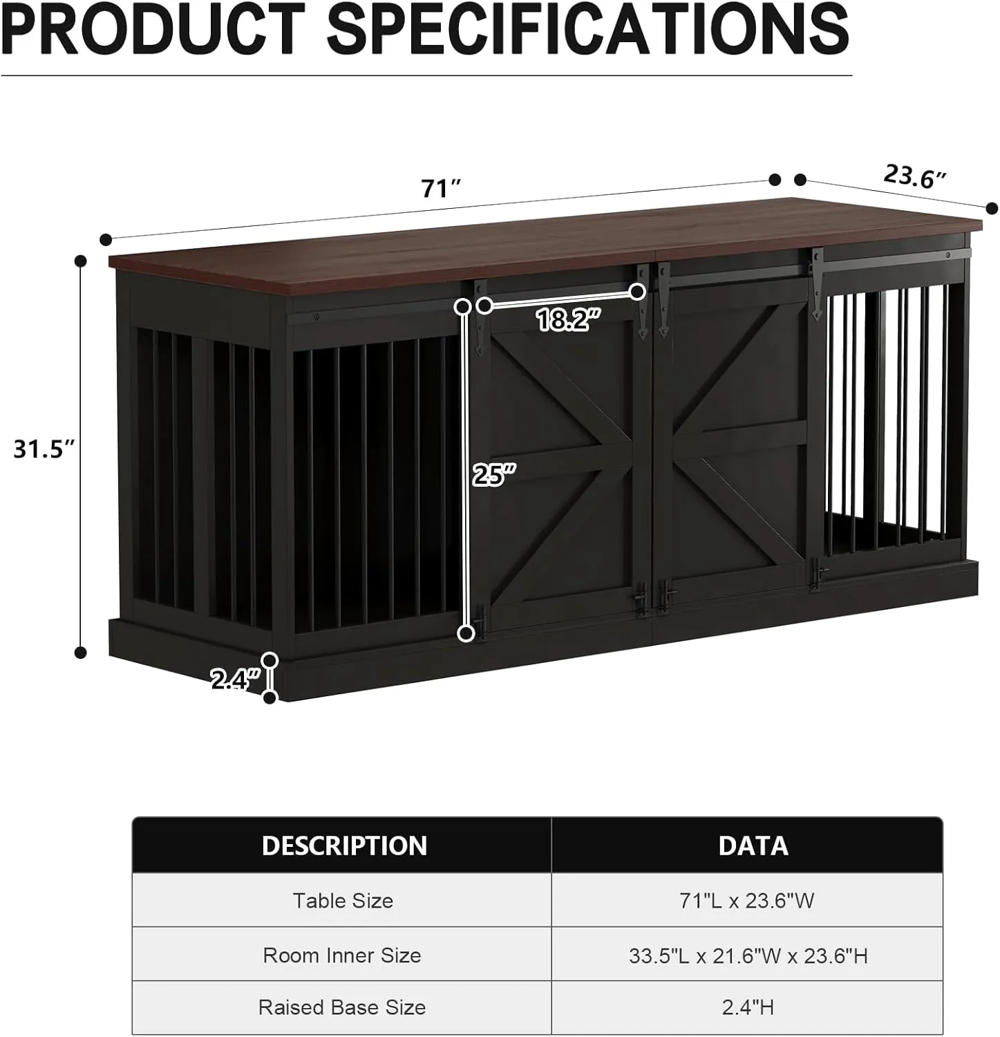 Dog Crate Furniture - Indoor Wooden Dog Kennel with Room Divider and Double Sliding Barn Doors - 71x23.6x31.5H, Black