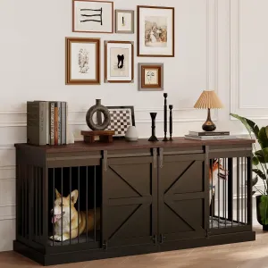 Dog Crate Furniture - Indoor Wooden Dog Kennel with Room Divider and Double Sliding Barn Doors - 71x23.6x31.5H, Black