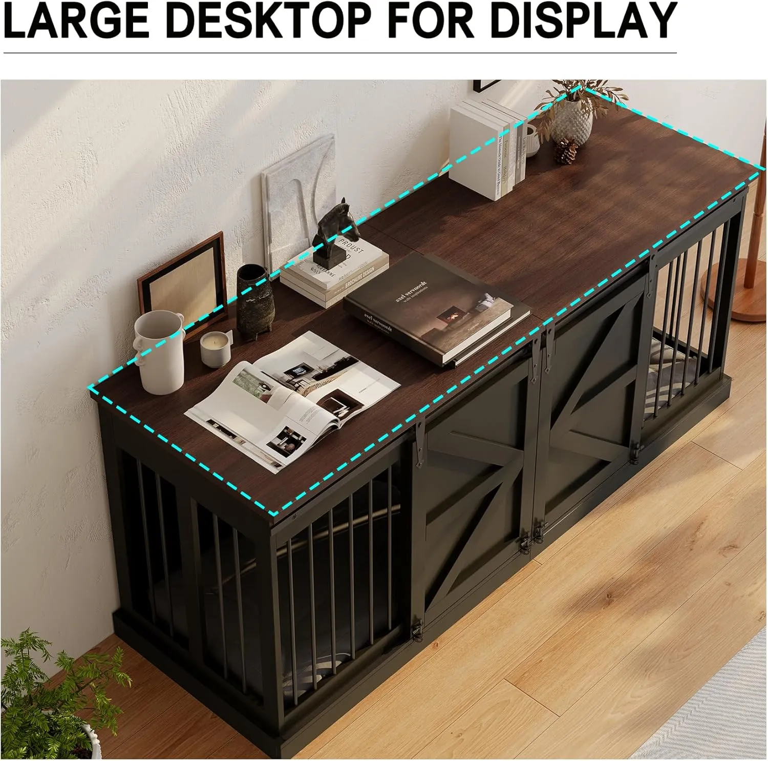 Dog Crate Furniture - Indoor Wooden Dog Kennel with Room Divider and Double Sliding Barn Doors - 71x23.6x31.5H, Black
