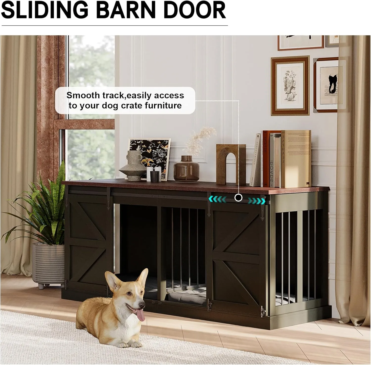 Dog Crate Furniture - Indoor Wooden Dog Kennel with Room Divider and Double Sliding Barn Doors - 71x23.6x31.5H, Black