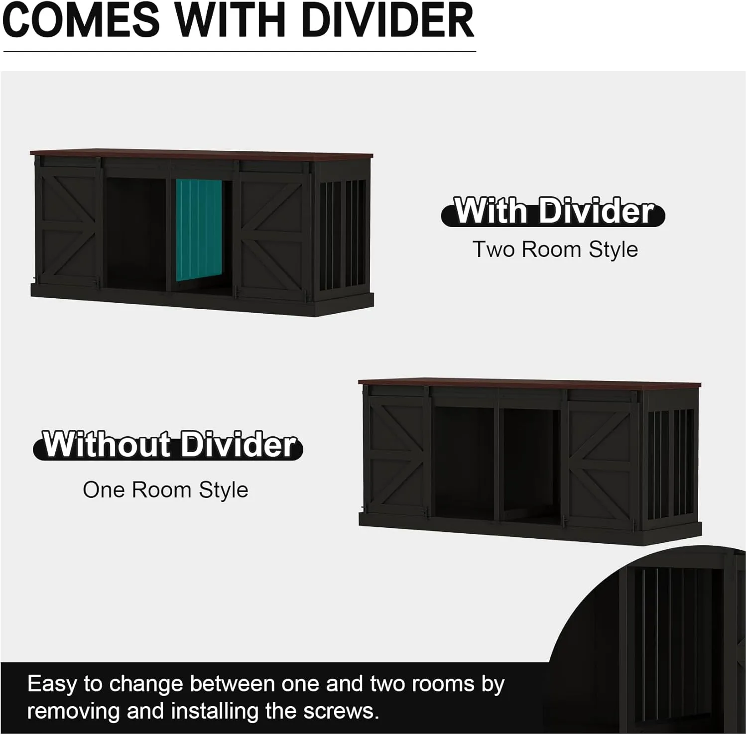 Dog Crate Furniture - Indoor Wooden Dog Kennel with Room Divider and Double Sliding Barn Doors - 71x23.6x31.5H, Black