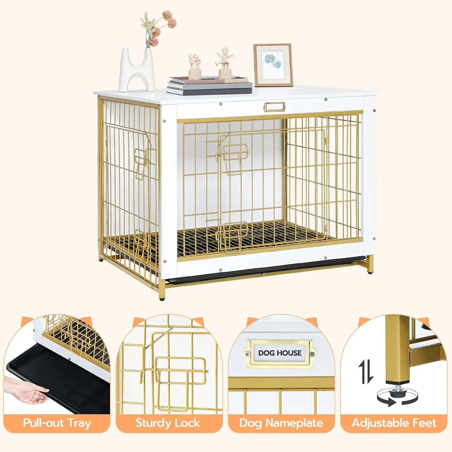HOOBRO Dog Crate Furniture, 32.5" Medium Dog Kennel Indoor, Wooden Cage with Pull-Out Tray, Double Doors Pet House Side End Table for Medium/Small Dogs, White DW802GW03