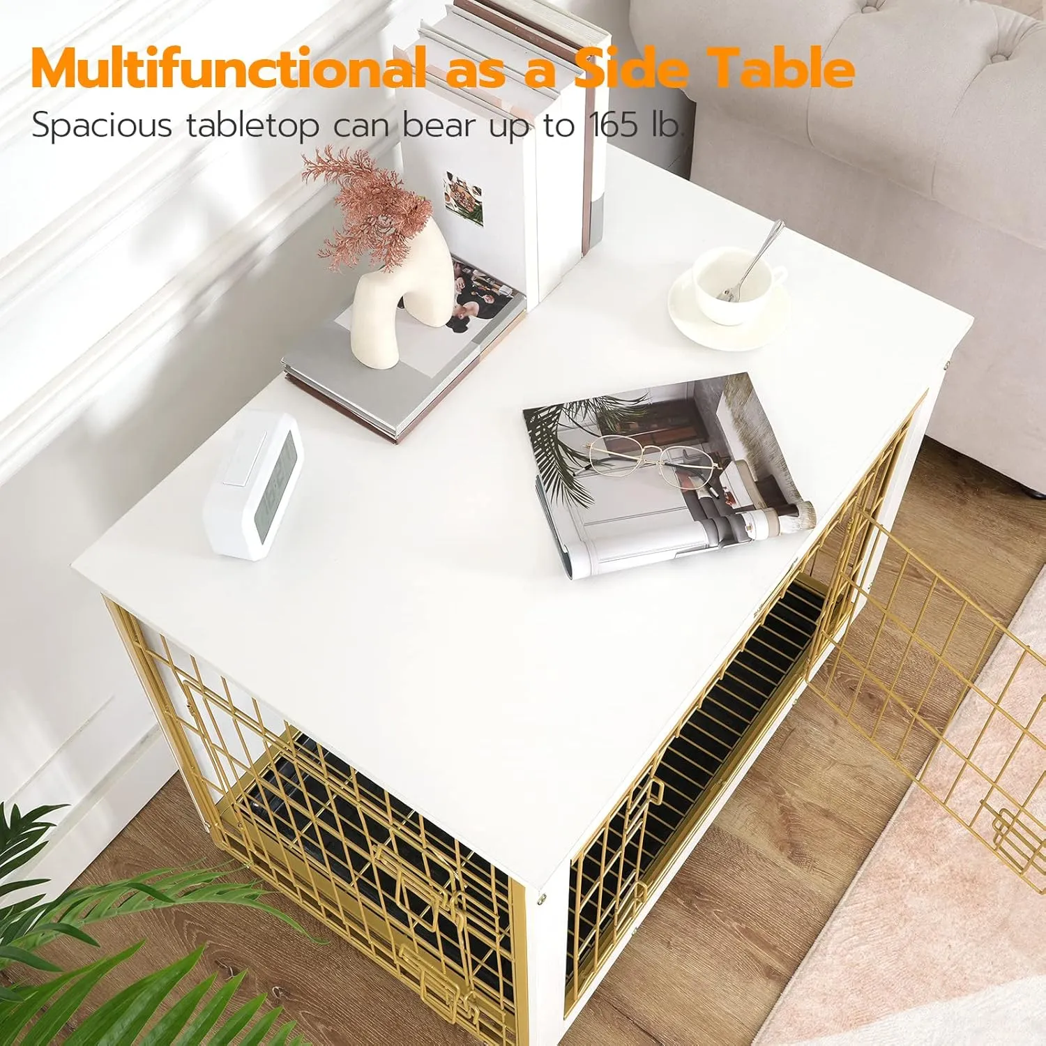 HOOBRO Dog Crate Furniture, 32.5" Medium Dog Kennel Indoor, Wooden Cage with Pull-Out Tray, Double Doors Pet House Side End Table for Medium/Small Dogs, White DW802GW03