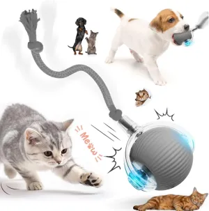 Interactive Electric Automatic Rolling Moving Rechargeable Self Play Stimulation Toy,Smart Pet Chase Ball with Speedy Tail Rope for Bored Indoor Cats enrichment,stimulating Dogs toy(Small Dogs)(Grey)