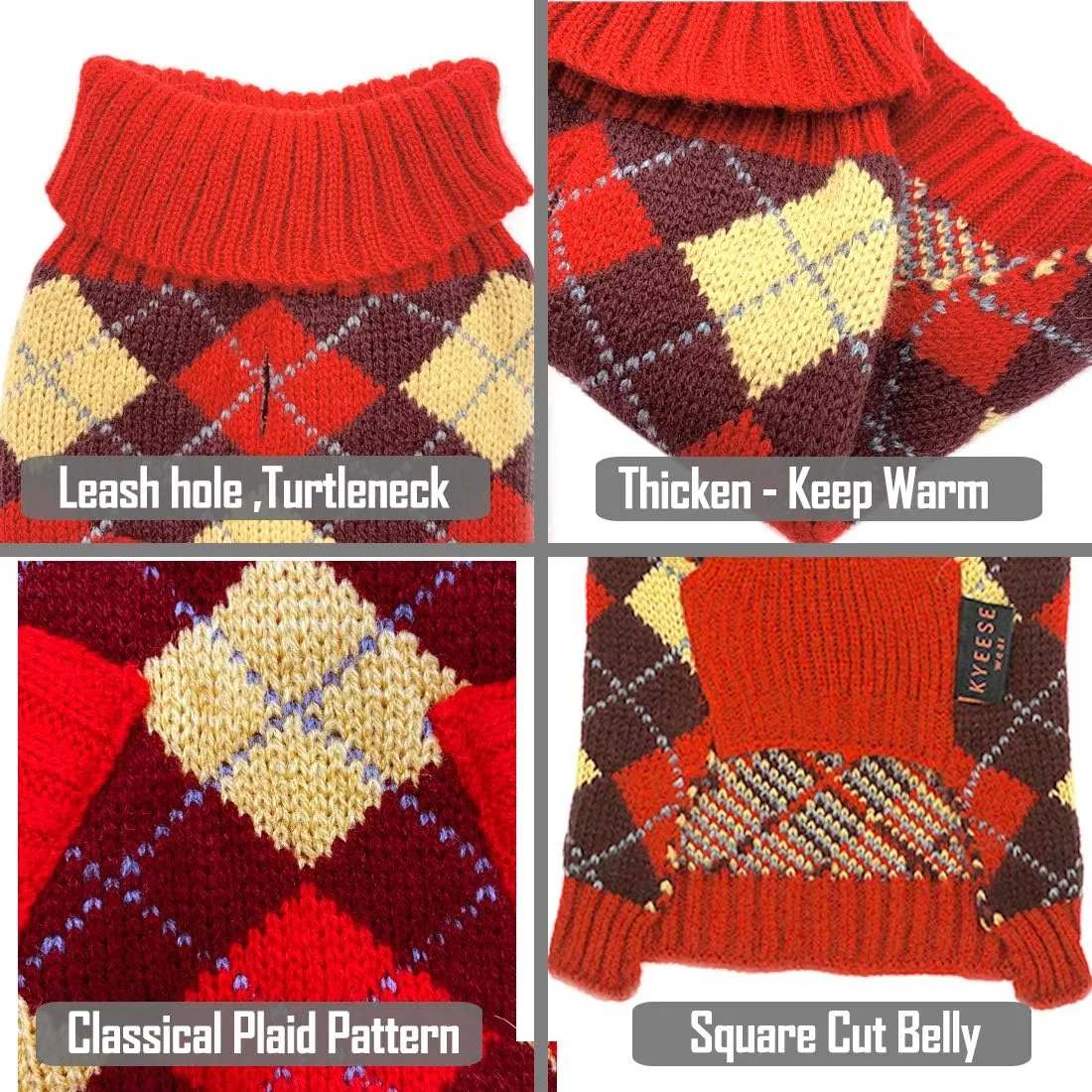 KYEESE Dog Sweaters with Leash Hole Dog Sweater Plaid Thicken Knitwear Warm Puppy Sweater for Fall Winter