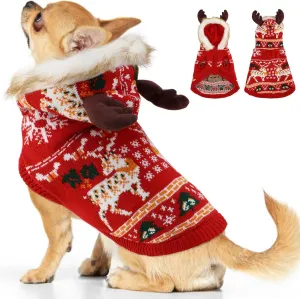 OTOB Christmas Dog Sweater for Small Medium Dogs, Thick Warm Knit Dog Sweaters Hoodie with Leash Hole, Holiday Reindeer Snowflake Pet Sweater Knitwear for Doggie Girls Boys Cold Weather Clothes, M