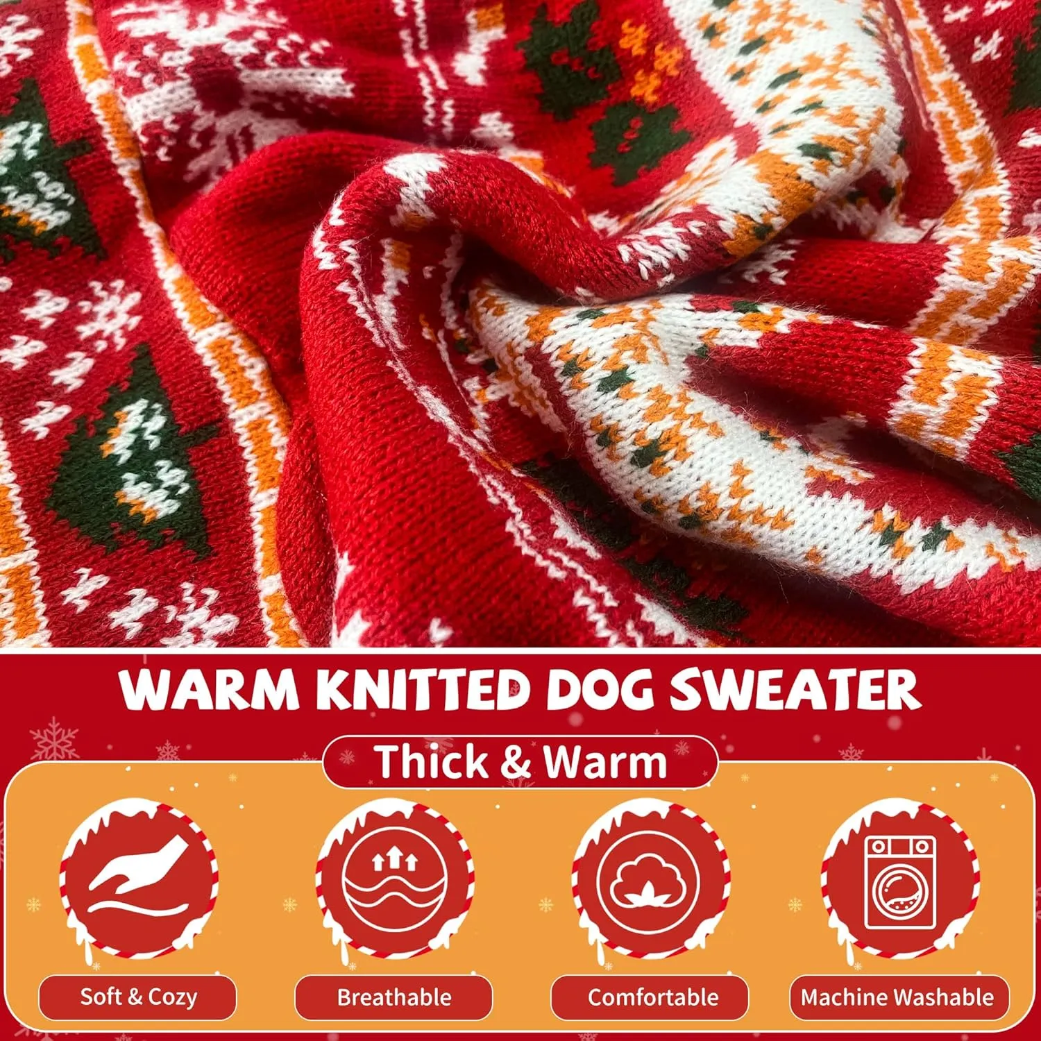OTOB Christmas Dog Sweater for Small Medium Dogs, Thick Warm Knit Dog Sweaters Hoodie with Leash Hole, Holiday Reindeer Snowflake Pet Sweater Knitwear for Doggie Girls Boys Cold Weather Clothes, M