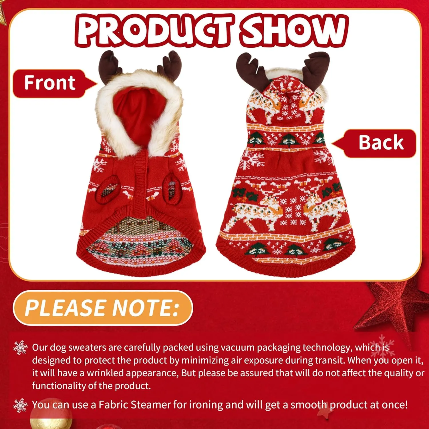 OTOB Christmas Dog Sweater for Small Medium Dogs, Thick Warm Knit Dog Sweaters Hoodie with Leash Hole, Holiday Reindeer Snowflake Pet Sweater Knitwear for Doggie Girls Boys Cold Weather Clothes, M