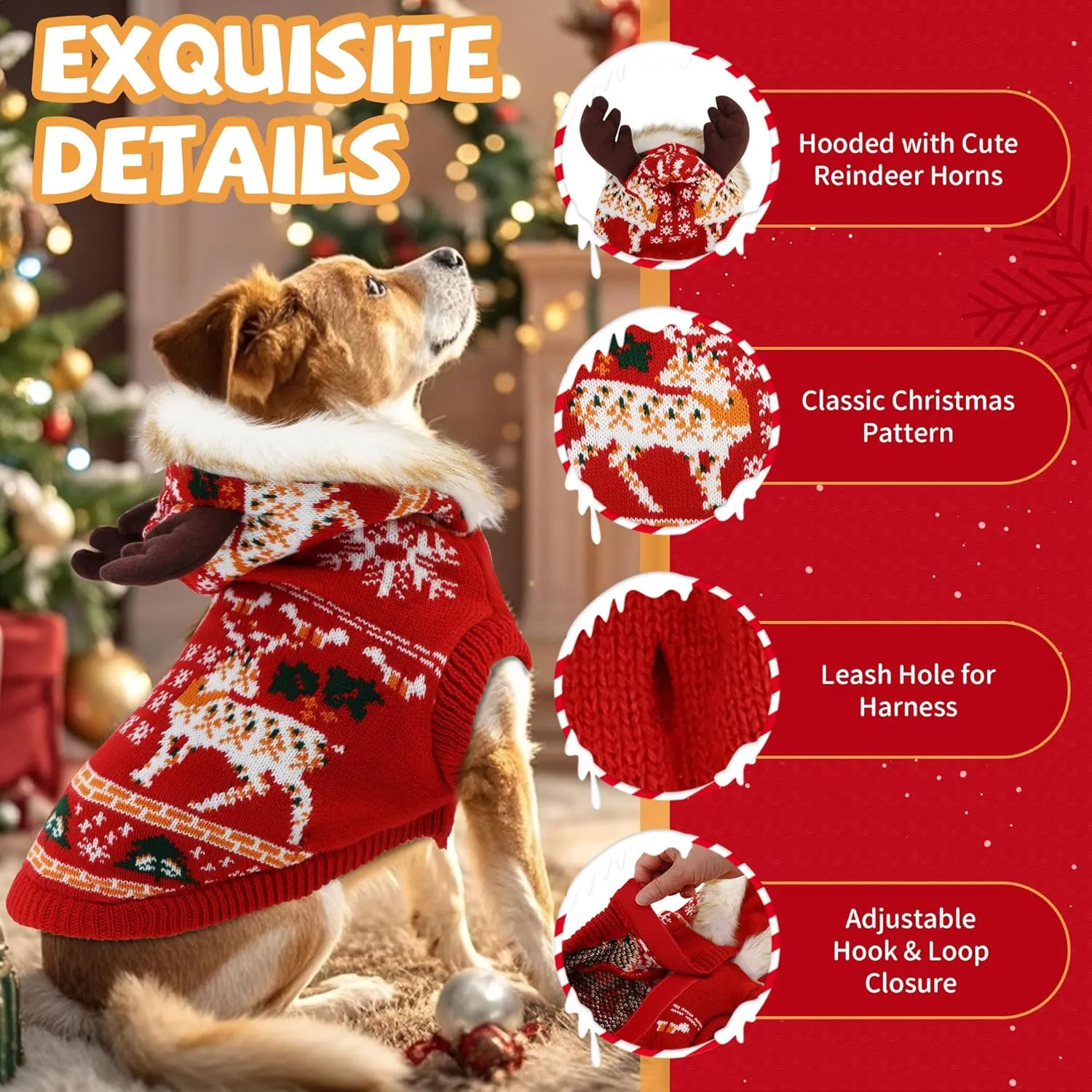 OTOB Christmas Dog Sweater for Small Medium Dogs, Thick Warm Knit Dog Sweaters Hoodie with Leash Hole, Holiday Reindeer Snowflake Pet Sweater Knitwear for Doggie Girls Boys Cold Weather Clothes, M