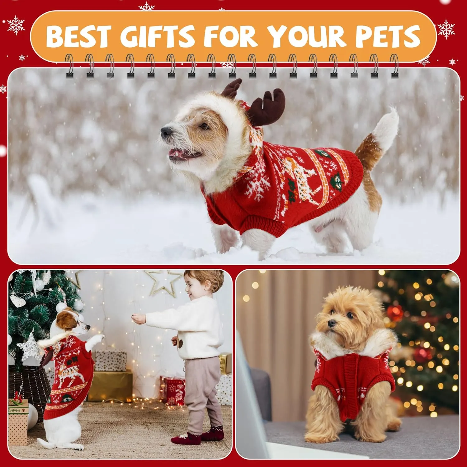OTOB Christmas Dog Sweater for Small Medium Dogs, Thick Warm Knit Dog Sweaters Hoodie with Leash Hole, Holiday Reindeer Snowflake Pet Sweater Knitwear for Doggie Girls Boys Cold Weather Clothes, M