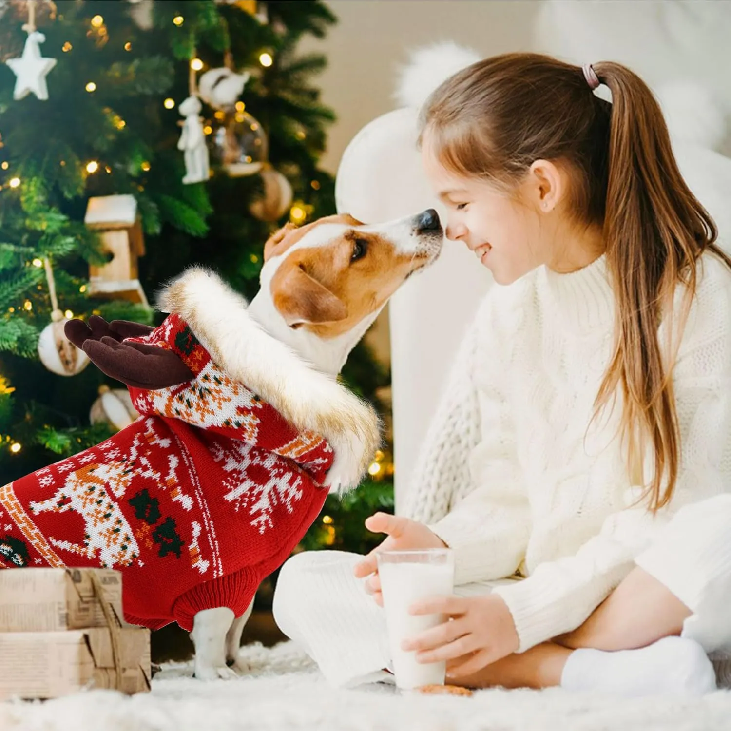 OTOB Christmas Dog Sweater for Small Medium Dogs, Thick Warm Knit Dog Sweaters Hoodie with Leash Hole, Holiday Reindeer Snowflake Pet Sweater Knitwear for Doggie Girls Boys Cold Weather Clothes, M