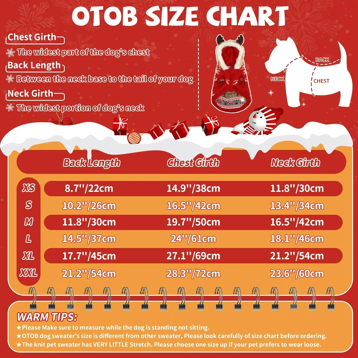 OTOB Christmas Dog Sweater for Small Medium Dogs, Thick Warm Knit Dog Sweaters Hoodie with Leash Hole, Holiday Reindeer Snowflake Pet Sweater Knitwear for Doggie Girls Boys Cold Weather Clothes, M