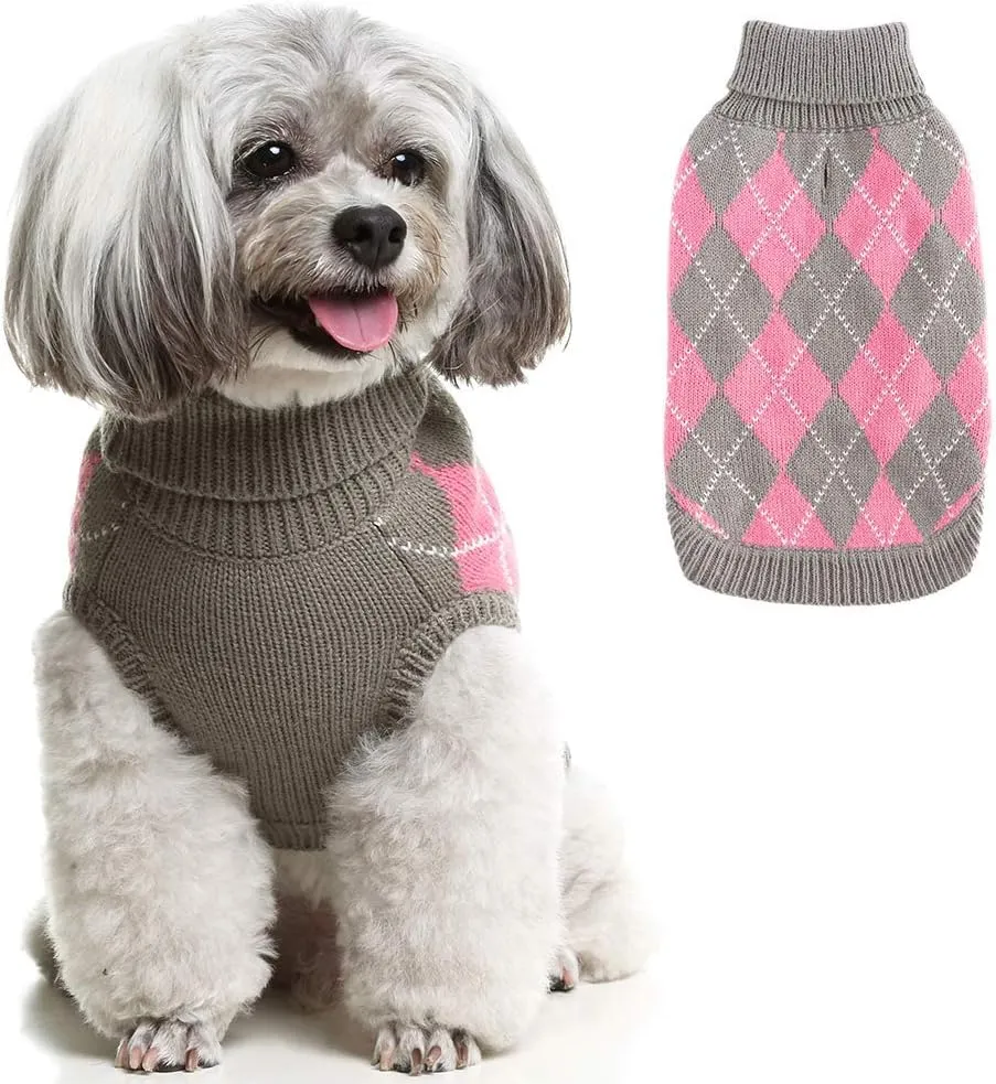 PAWCHIE Classic Dog Sweater Knit Turtleneck, Plaid Knitwear Sweaters, Warm Clothes for Small Dogs
