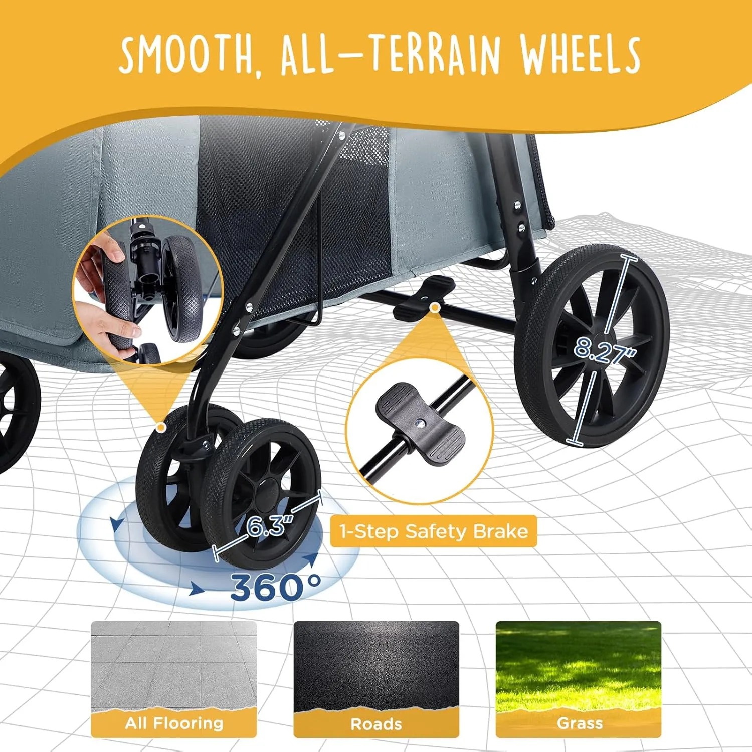 Scout Pet Stroller, 4-Wheel Design for Small/Medium Dogs - One-Button Fold, Adjustable Mesh Windows & Shades, 360 Swivel Front Wheels, Rear Wheel Brake for Safety