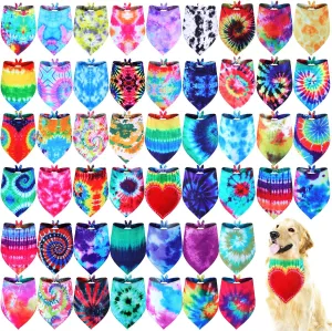Silkfly 50 Pcs Tie Dye Dog Bandanas Bulk Spring Summer for Pet Grooming Salon Triangle Washable Dog Bib Kerchief for Large Pet Birthday Party(Large)